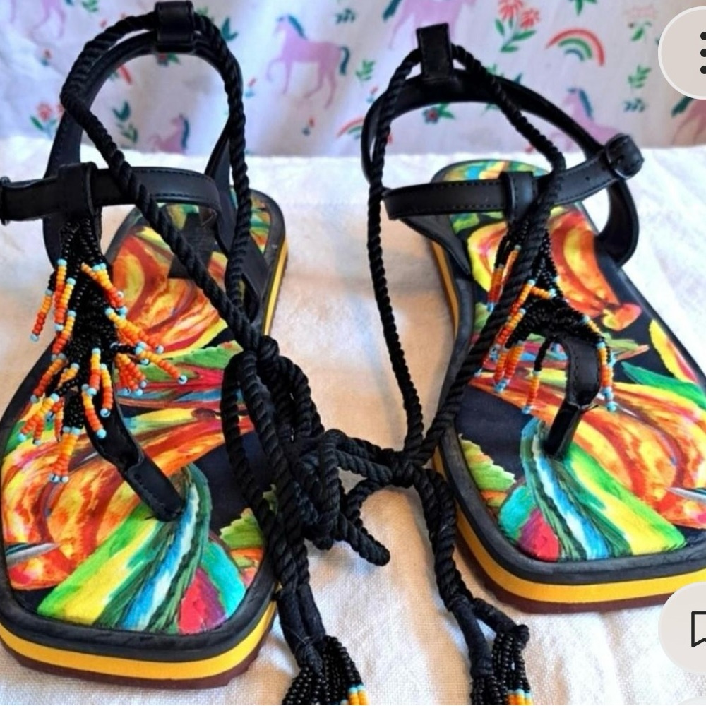 Farm Rio Multi Colored Beaded Tile Ankle Lace Up Sandals Never Worn US 8/EU 39